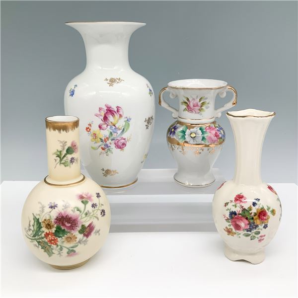 4pc Porcelain Vase Collection, Floral and Gilt Accents