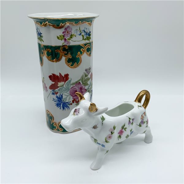 Porcelain Milk Cow Creamer and Floral Vase