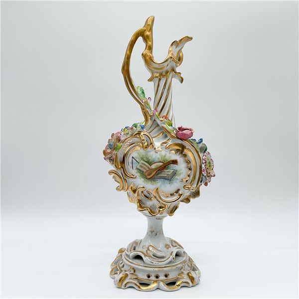 Porcelain Ewer with Gilded Accents and Florals