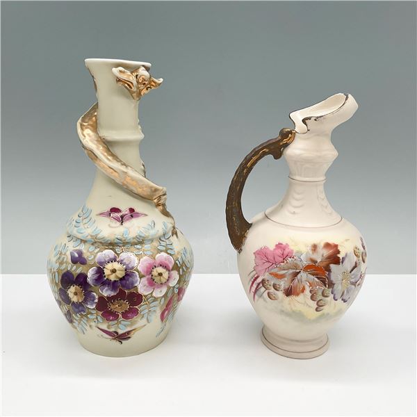 2pc Austrian Porcelain Ewers with Hand-Painted Floral Design