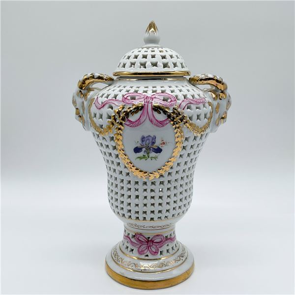 Porcelain Lidded Urn with Pierced Design, Floral Accents