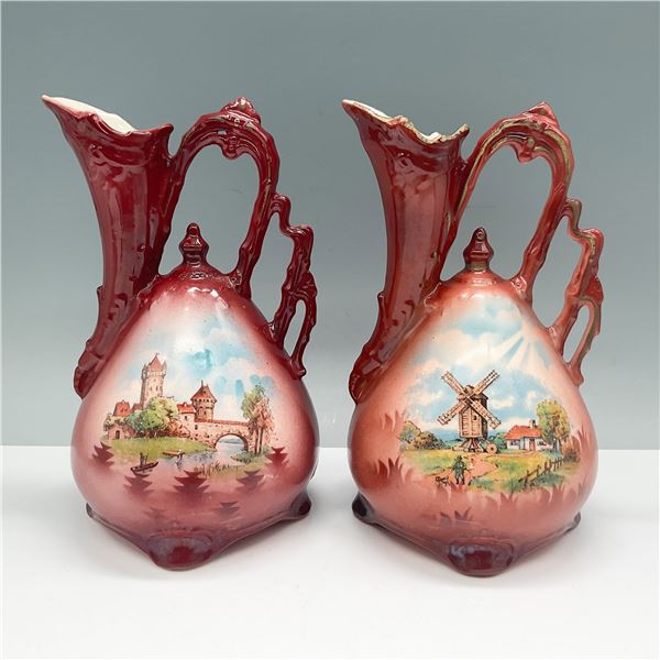 2pc Hand Painted Czechoslovakia Pottery Pitchers