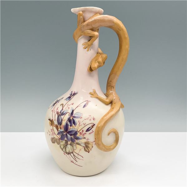 Antique Ceramic Pitcher, Dragon Handle, Hand-Painted Florals