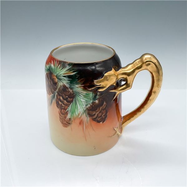Vintage Dragon Handle Mug with Pine Cones, Signed