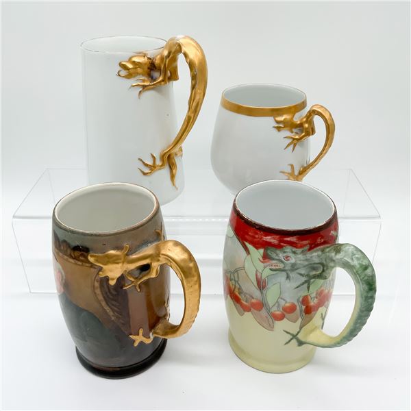 4pc Dragon-Handled Porcelain Mugs and Pitcher