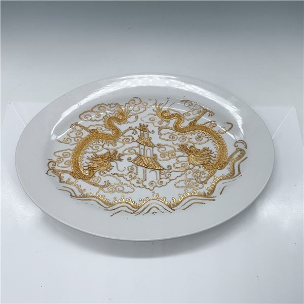 Decorative Plate with Gold Wire Applique, Dragons & Pagoda