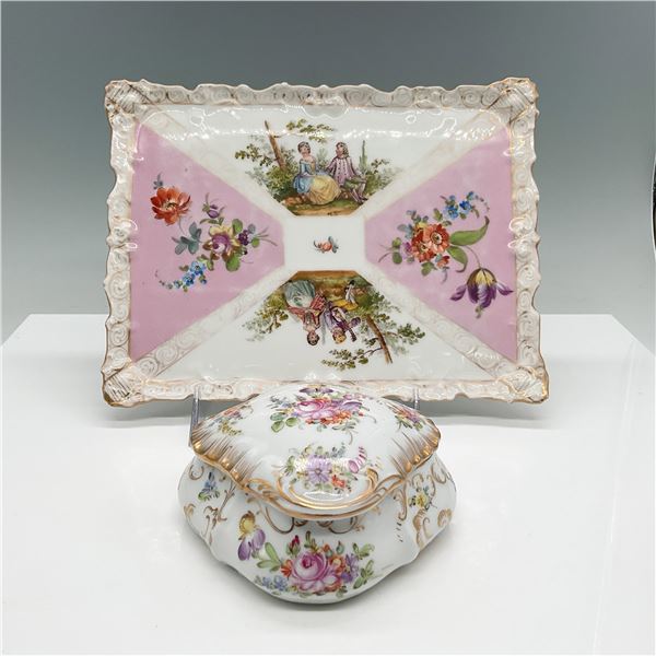 2pc Dresden Porcelain Dresser Set, Tray and Trinket Box