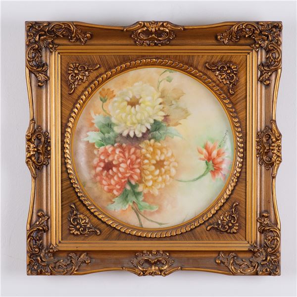 Betty Cooper Hand-Painted Floral Porcelain Plaque in Ornate