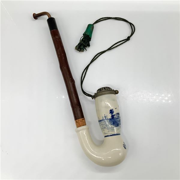 Delft Porcelain and Wood Tobacco Pipe with Metal Lid