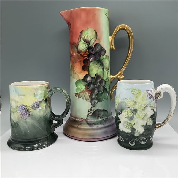 3pc Hand Painted Tankard and Mugs, Grapes and Blackberry Mot