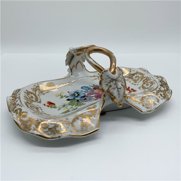 Porcelain Handled Dish, Floral and Gold Gilt Design