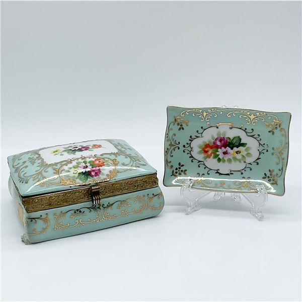 Hand-Painted Porcelain Trinket Box and Tray, Floral Design