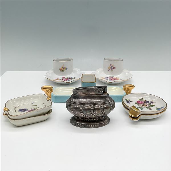 8pc Assorted Porcelain Ashtrays & Metal Lighter Collection