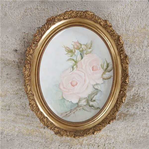 Hand-Painted Porcelain Plaque with Pink Roses in Ornate Gilt