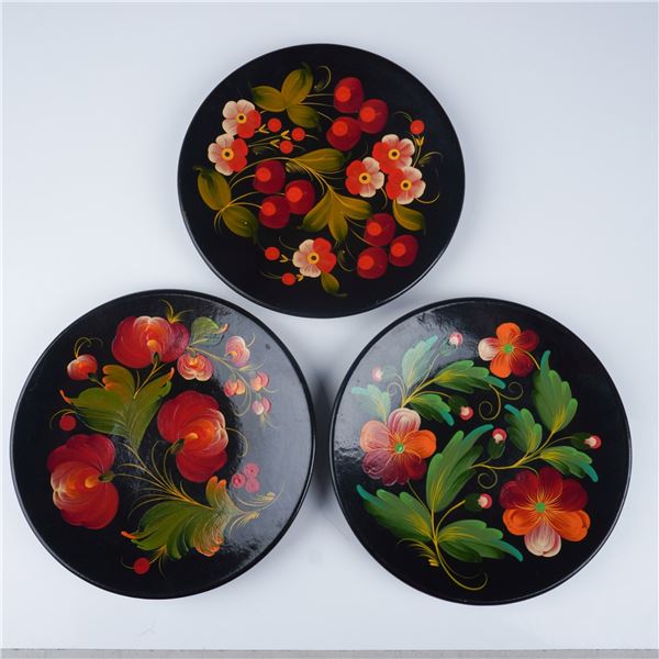 3pc Hand-Painted Lacquered Wood Wall Plaques