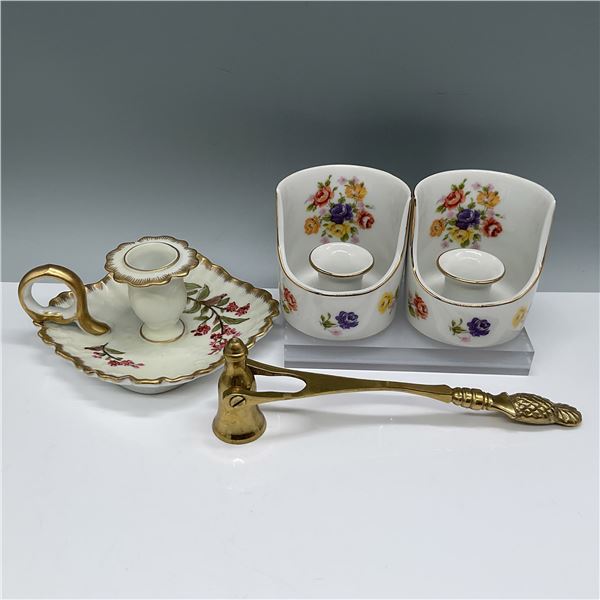 4pc Porcelain Floral Match Holder and Brass Candle Snuffer
