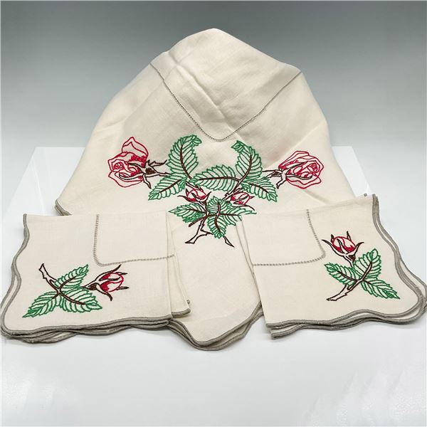 Vintage Embroidered Linen Tablecloth and Napkin Set