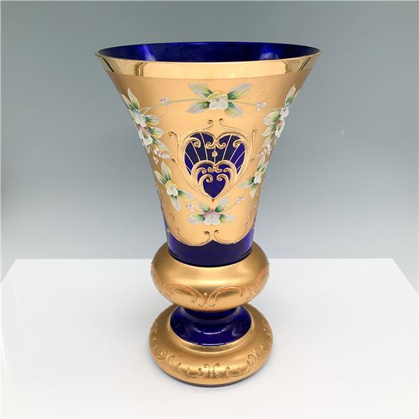 Bohemian Cobalt Blue and Gilt Hand Painted Glass Vase