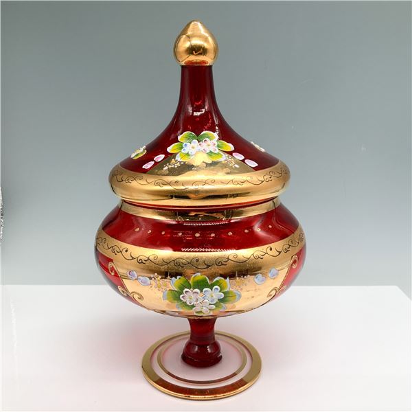 Bohemian Ruby Red Glass and Gold Covered Compote