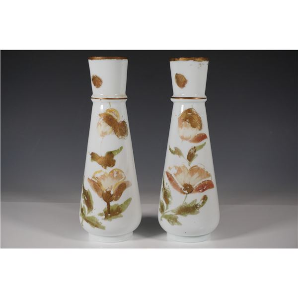 Pair of Hand Painted Opaline Glass Vases with Gilded Floral