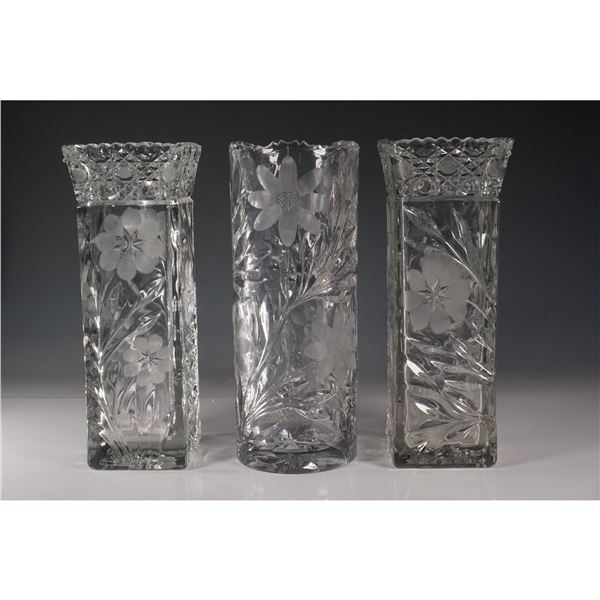 3pc Cut Glass Floral Pattern Vases