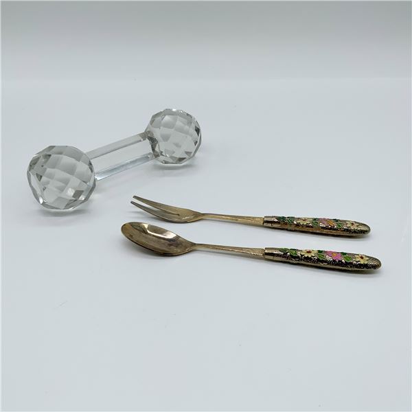 3pc Crystal Knife Rest and Gold-Plated Utensils