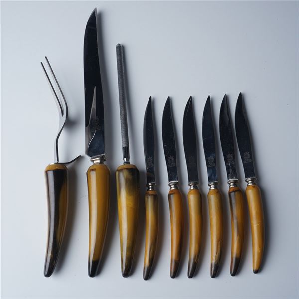 9pc Sheffield Horn-Handled Knife and Serving Set in Box
