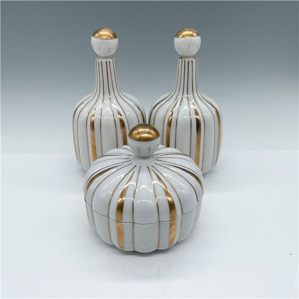 3pc Irice Gilded Ceramic Bottles and Lidded Box