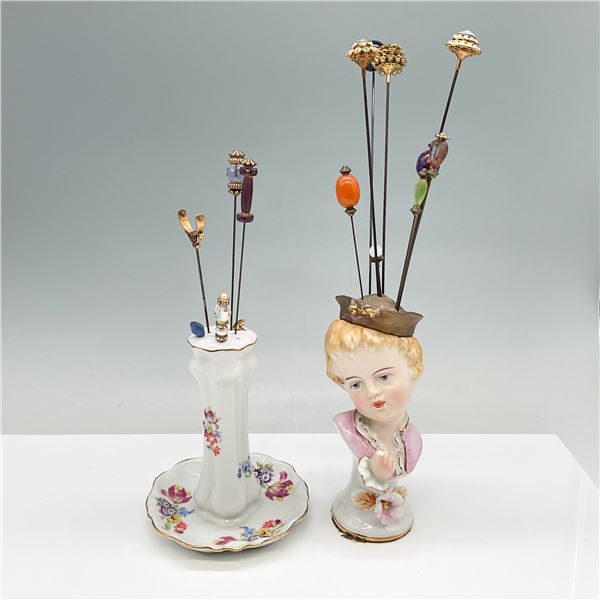 17pc  Japanese Porcelain Hatpin Holders w/ Assorted Hatpins