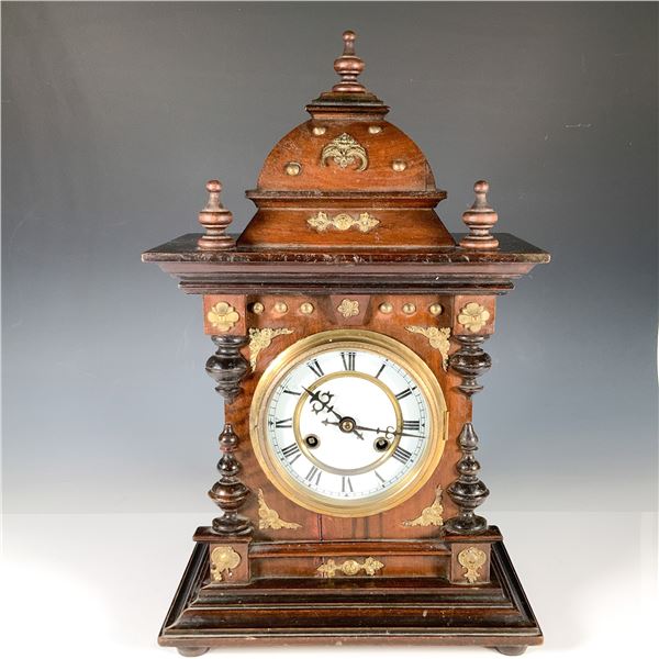 Antique Wooden Mantel Clock with Key and Pendulum