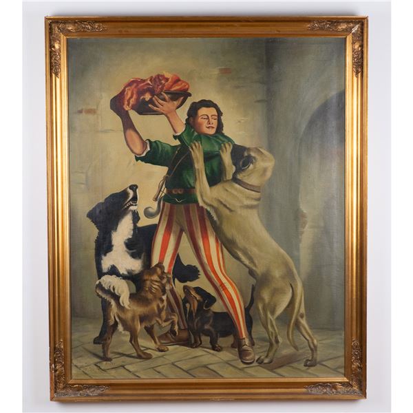 After Otto Bache, Original Oil on Canvas, Boy Feeding Dogs
