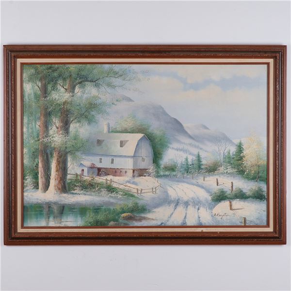 A. Kington, Oil on Canvas, Winter Barn Scene, Signed