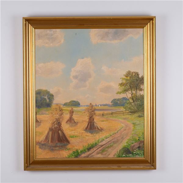 Borge Ruud, Oil on Canvas, Rural Haystacks Landscape, Signed