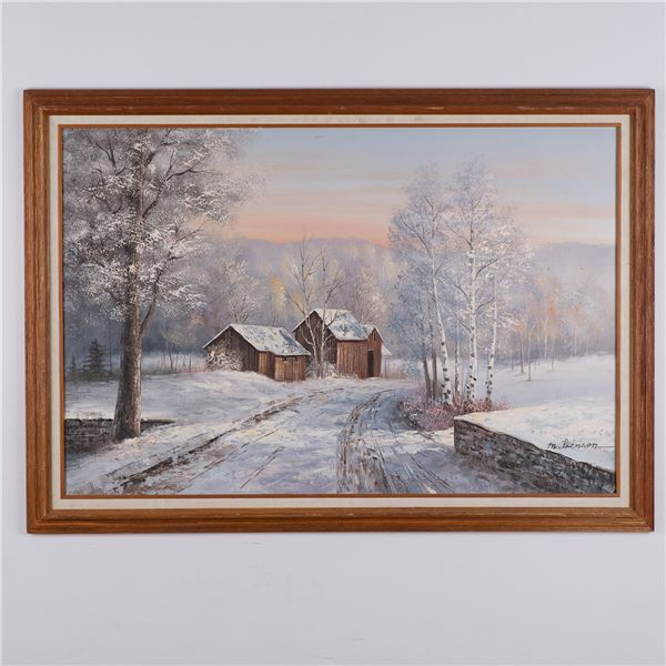 M. Benson, Oil on Canvas, Winter Farmstead Landscape, Signed