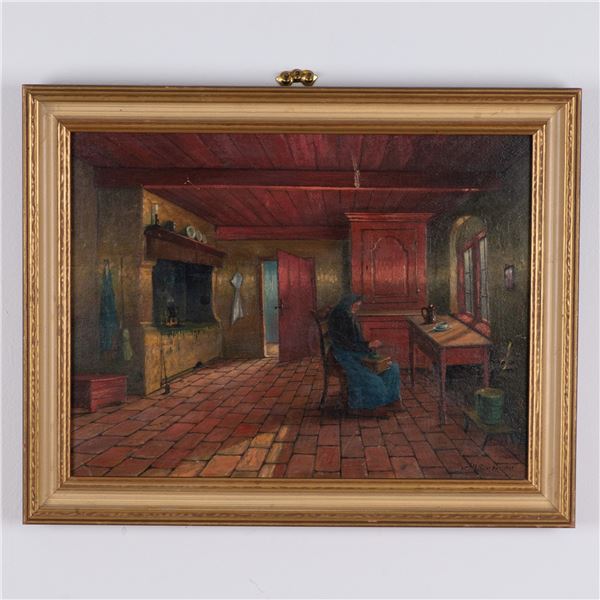 N. Philippsen, Oil on Board, Rustic Interior Scene, Signed