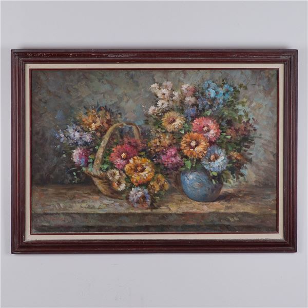 Original Oil on Canvas, Vibrant Bouquets of Flowers, Signed