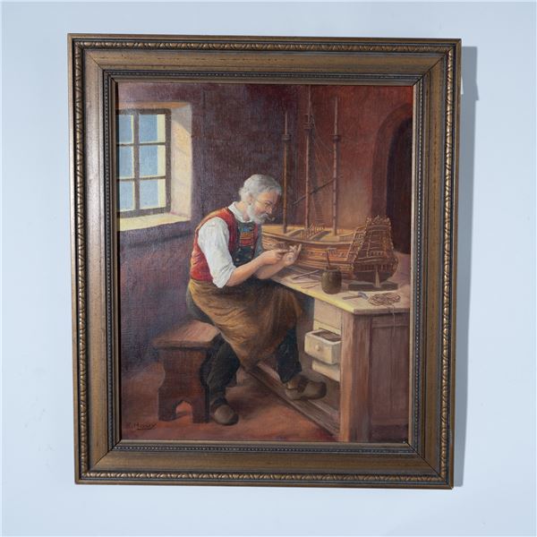R. Houy, Original oil on Canvas, Model Ship Builder, Signed
