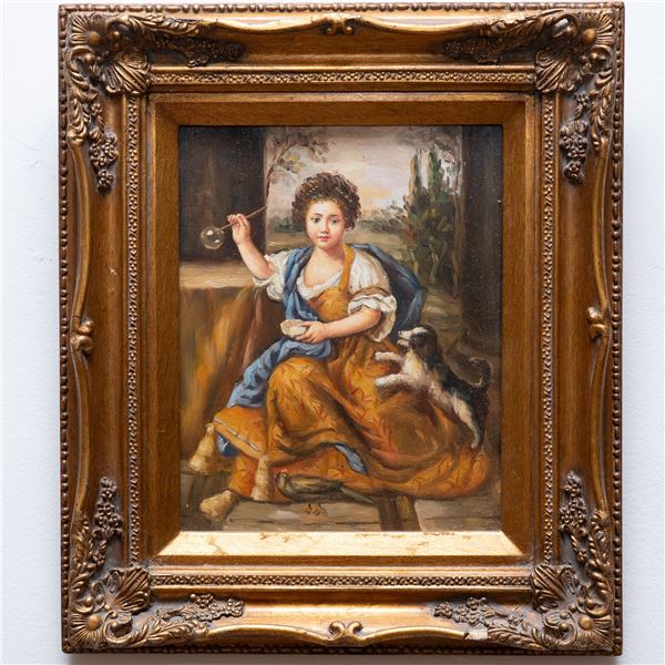 Hand-Painted Portrait of a Girl with Soap Bubble & Dog