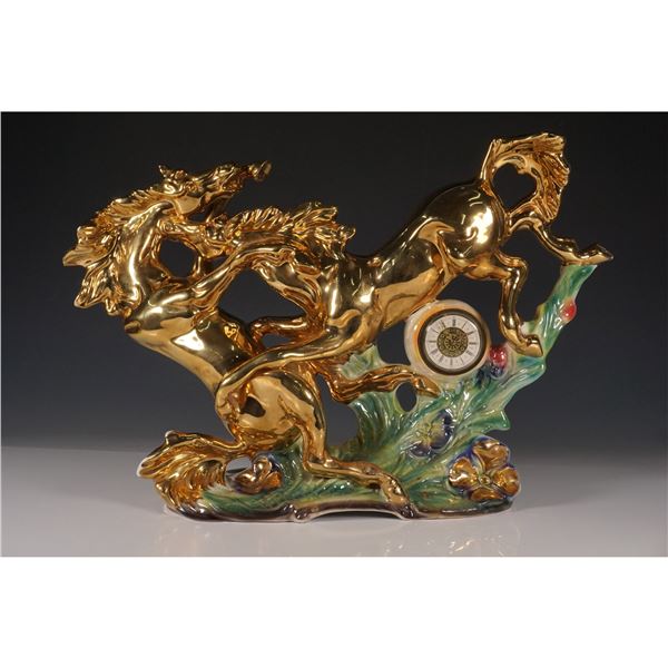 Italian Porcelain Rearing Horses Clock Figurine