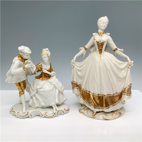2pc German Porcelain Figurines, Courting Scene & Lady