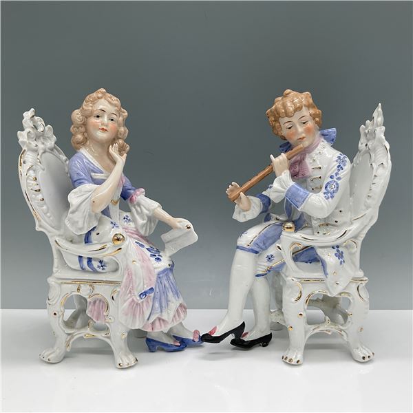 2pc Vintage German Figurines, Flute Player & Seated Lady