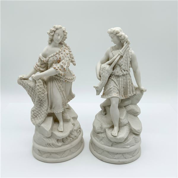 Pair of Parian Figurines, Fisherwoman and Shepherd