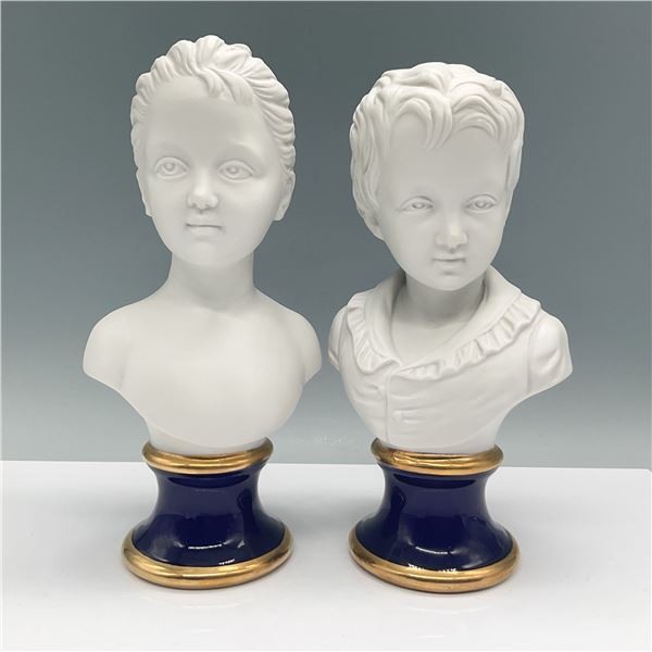 2pc Japanese KPM Porcelain Busts on Pedestals, Boy and Girl