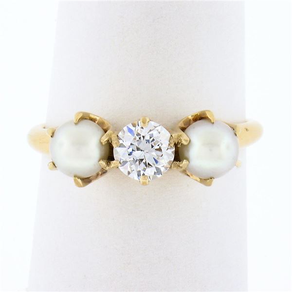 Antique 14k Yellow Gold 0.37 ctw Old European Diamond w/ 4.5mm Pearl Accents Rin
