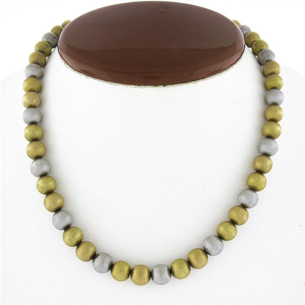 18k Tri Color Gold 15.5" Brushed Finish Ball Bead on a Gold Link Chain Necklace