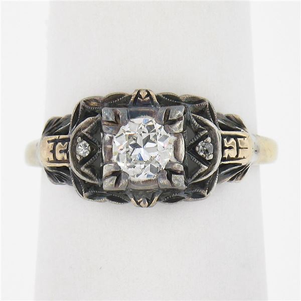Antique 18k TT Gold 0.37 ctw Old European Cut Diamond Floral Open Milgrain Ring