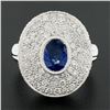 Image 2 : Platinum Oval Bezel Sapphire Pave Diamond Covered Milgrain Platter Cocktail Ring