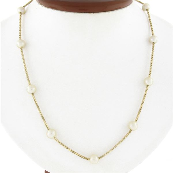 14k Gold Long White Pearl by the Yard 24" Popcorn Link Chain Station Necklace