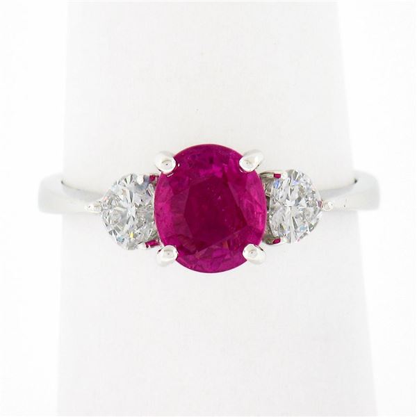 Vintage 18K White Gold GIA NO HEAT Pink Sapphire & Heart Diamond Accents Ring