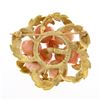 Image 3 : Vintage 14K Gold Carved Coral Rose Flower Bouquet Textured Leaf Round Pin Brooch